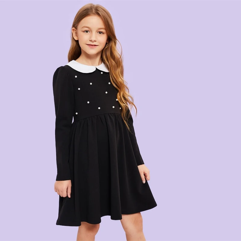 SHEIN/милое черное платье с контрастным воротником и жемчужинами для девочек; одежда для детей; коллекция года; сезон весна; корейские элегантные Детские платья с длинными рукавами