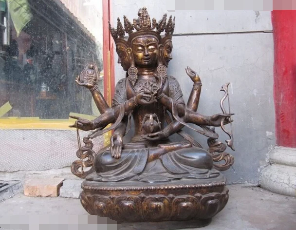 Ремесла Искусства 32 &quotТибет бронзовый Три Лица Восемь Рук Руки кван юн Ушниша