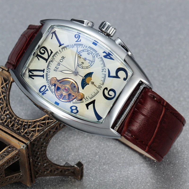 SEWOR, классические Tourbillon мужские часы, брендовые Роскошные автоматические часы, золотой чехол, мужские часы с календарем, черные механические часы