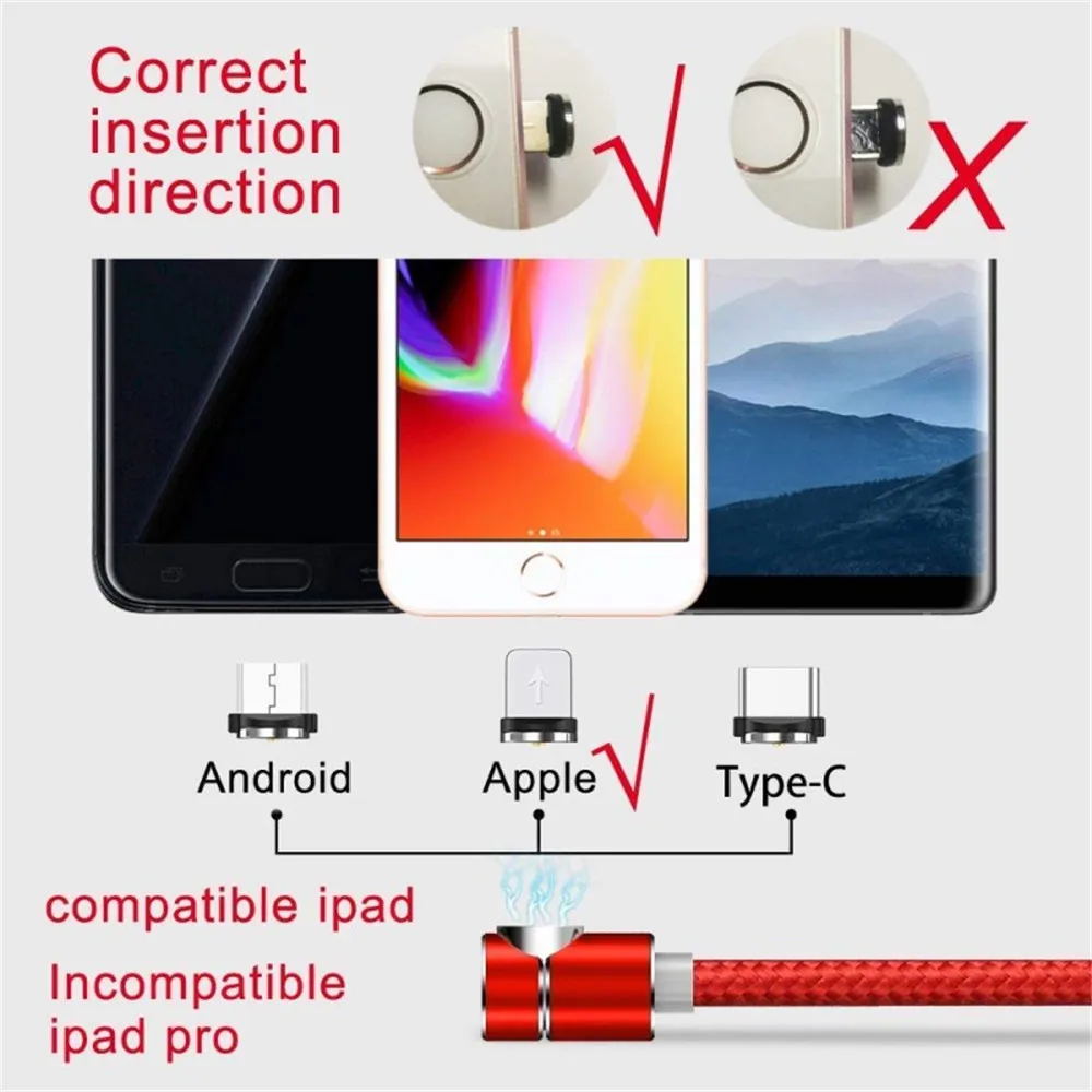 1 м 2 L образный светодиодный магнитный кабель Micro USB зарядное устройство для iPhone X 8