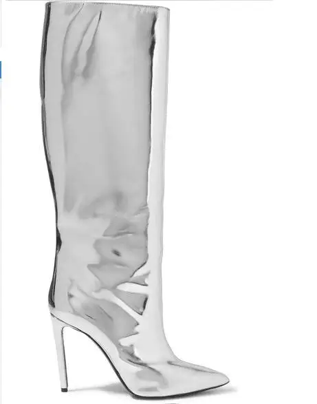 Newest  Designer Silver Mirror Leather Boots Pointed Toe Thin Heel Mid Calf Night Club Boot Women Autumn Winter shoes woman