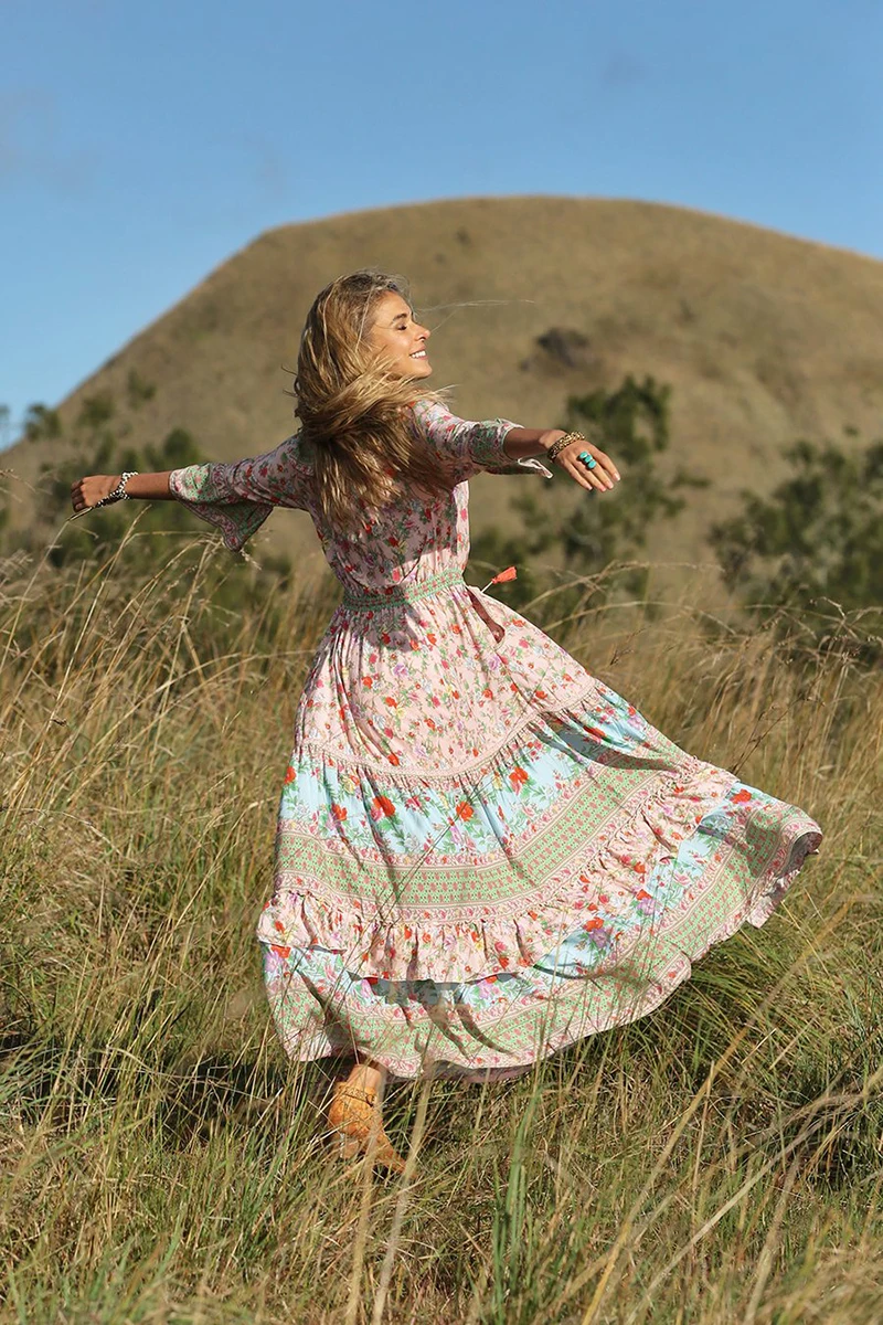 Женское платье с цветочным принтом Everkaki Boho, v-образный вырез, регулируемый пояс, половина рукава, длинное платье в стиле бохо, женское платье, лето-осень