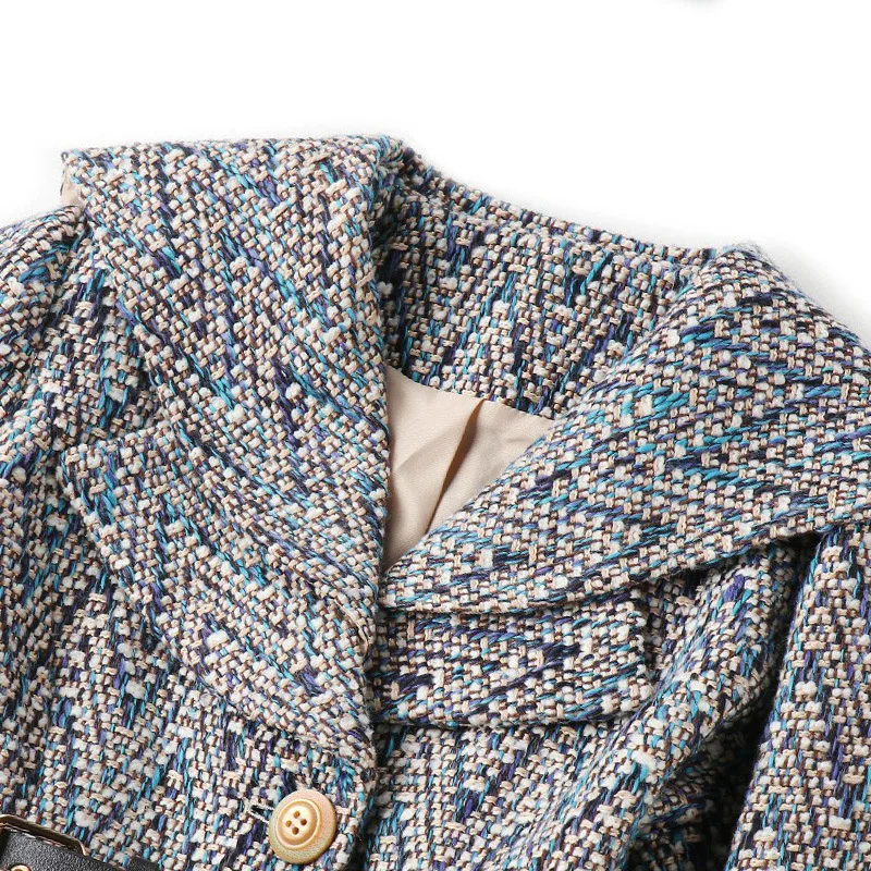 Осенне-зимняя женская куртка пальто синяя Геометрическая клетчатая вязаная с