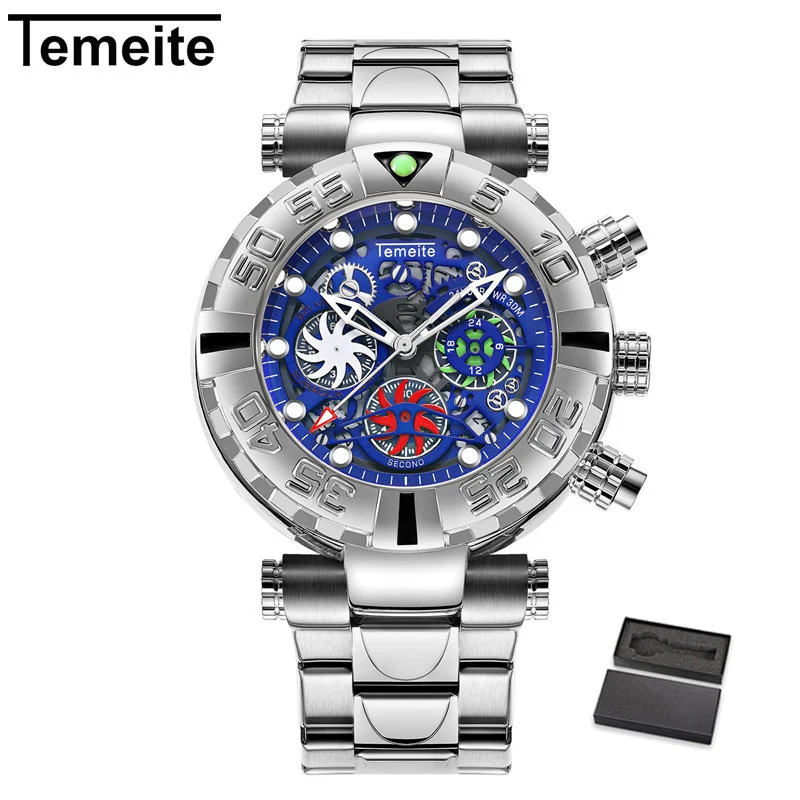 Temeite 8 with box Relogio Temeite бизнес часы мужские роскошные модные креативные кварцевые часы водонепроницаемые наручные часы Спортивные Хронограф masculino - Цвет: Temeite 8 with box