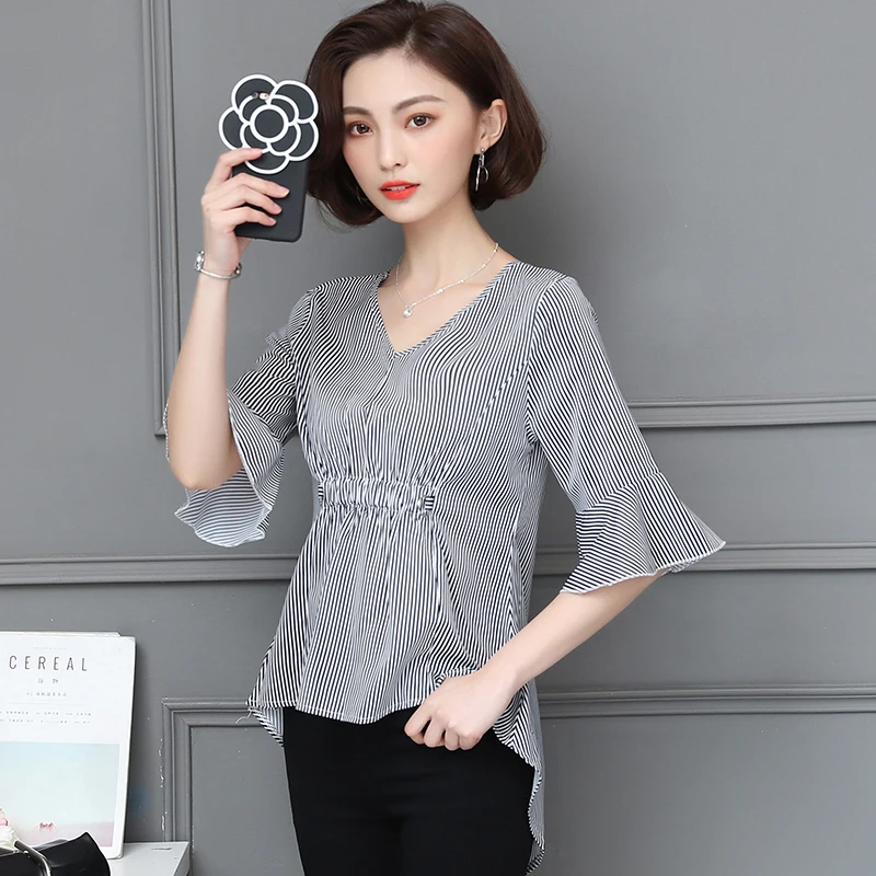 4xl plus big size blusas feminina 2018 korean spring summer style autumn women Stripe chiffon new thin shirts female A4878 | Женская
