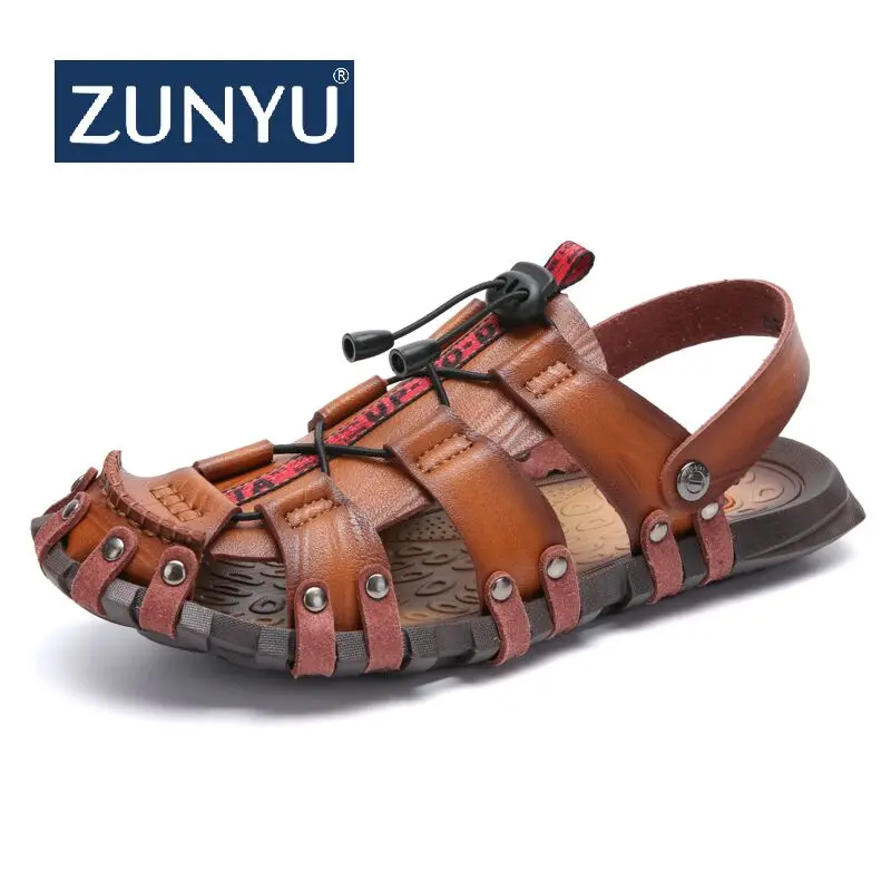 ZUNYU/Новые летние мужские сандалии дышащие кожаные пляжные брендовая мужская