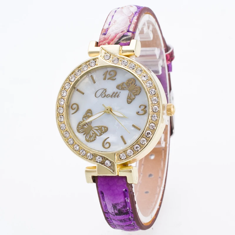 100pcs/lot botti-7 mini leather belt botti butterfly watch gold case flower crystal lady casual elegance wristwatch | Наручные часы