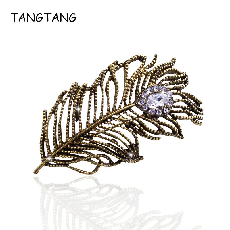 Vintage Antique Bronze Scarf Brooches Clip Jewelry For Women Feather Style Coat Dress Rhinestone Broches Mujer Decoration Gift | Украшения