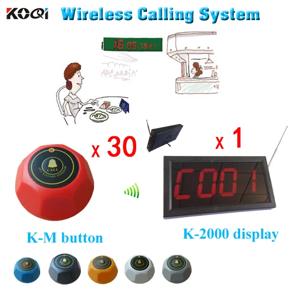 

433.92mhz Wireless Call Bell Buttons Calling Waiter of 1 Display Waiter Pager And 30 Call Bells (K-2000+M) DHL Free Shipping
