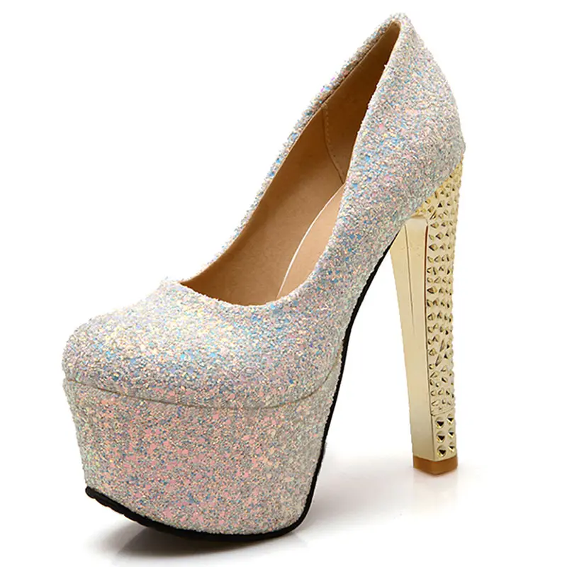 Серебристый Lasyarrow Brand Shoes Women Platform High Heels Pumps Round Toe Bling Bling Silver Party Wedding Shoes Thick Heels Big Size F79 - Цвет: Серебристый