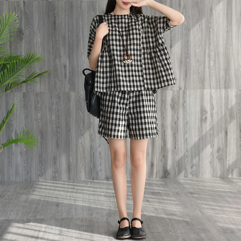 Summer Womens Cotton Linen Plaid Tops + Pants 2 Piece Set Female Blouse &amp Shorts Suit Plus Size Casual Office Lady Two |