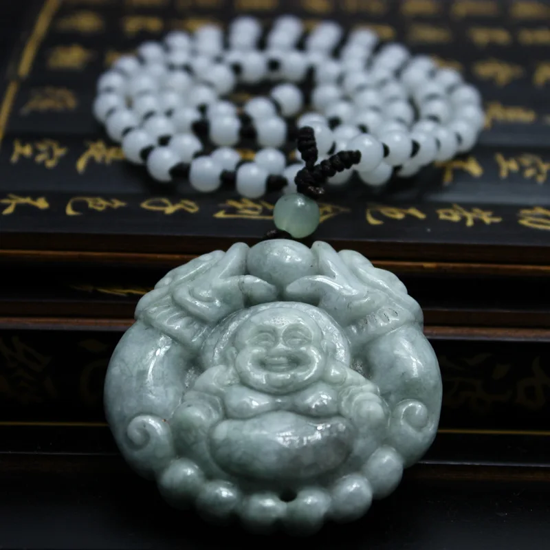 Натуральный карго jadeite двусторонний Смеющийся Будда Shuanglong леди Jades кулон