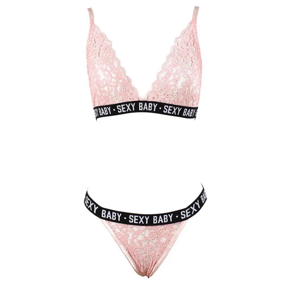 Розовый Женский сексуальный кружевной Bralette набор белья, бюстгальтер короткий, с буквенным принтом топы и стринги трусики нижнее белье бикини бюстгальтер brasier mujer - Цвет: Розовый