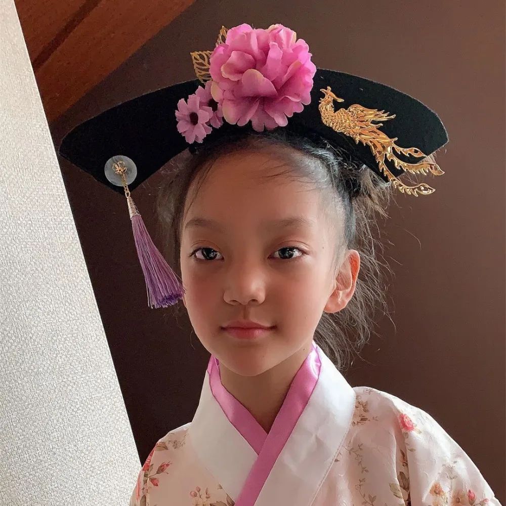 

Child Girl Cosplay Flower Pearl Headwear Hat Princess Chinese National Ancient Costume Hairbands Wedding Hair Sticks Accessories