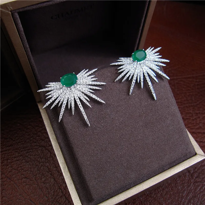 Серьги-гвоздики Fashion AAA с кубическим цирконием, форма подсолнуха, зеленый цвет для свадебных и вечерних нарядов E1235g.