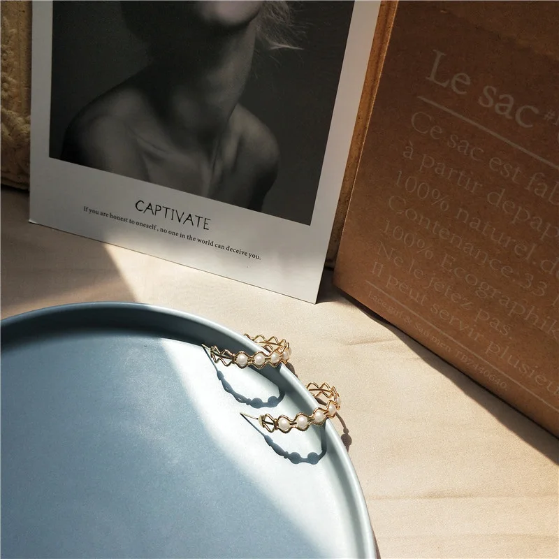 Женские серьги-кольца с жемчугом GWACC простые золотистые сережки волнистыми