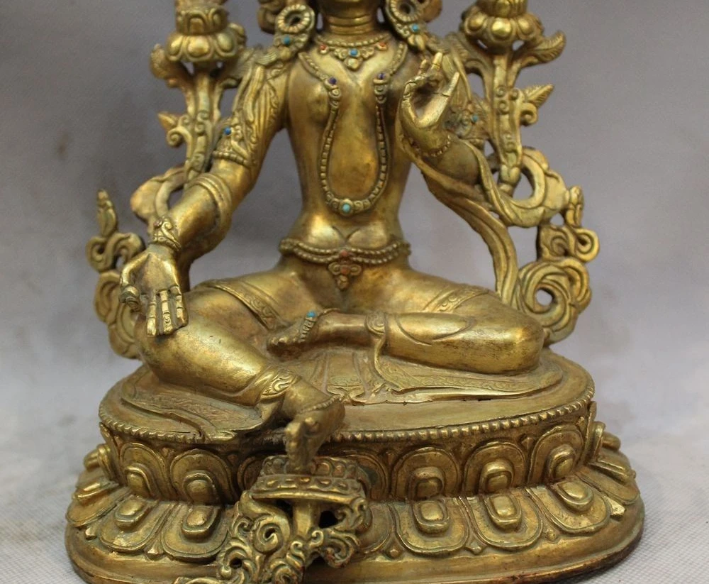 Китайская старая бронза собирает зеленый Тара Будда богиня Гуаньинь статуя