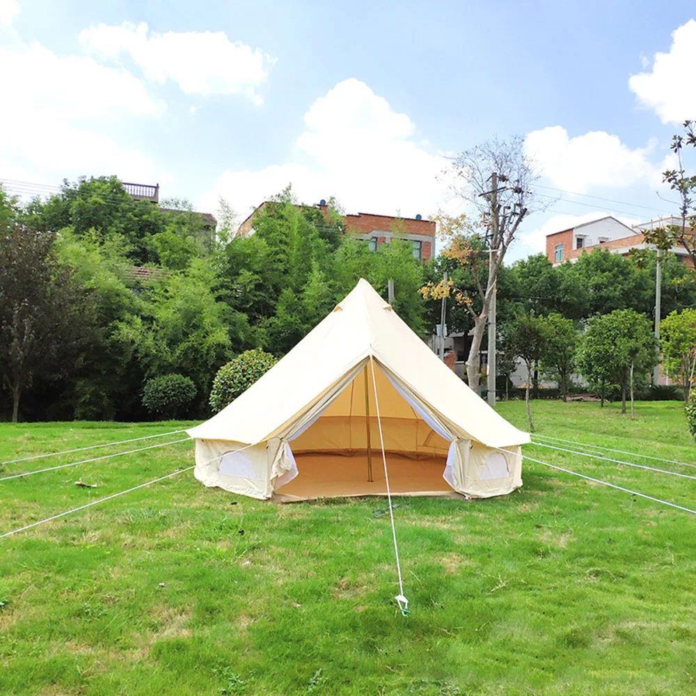India yurt light khaki cotton canvas bell tent with stove jacket on the wall family 4m/5m dia |