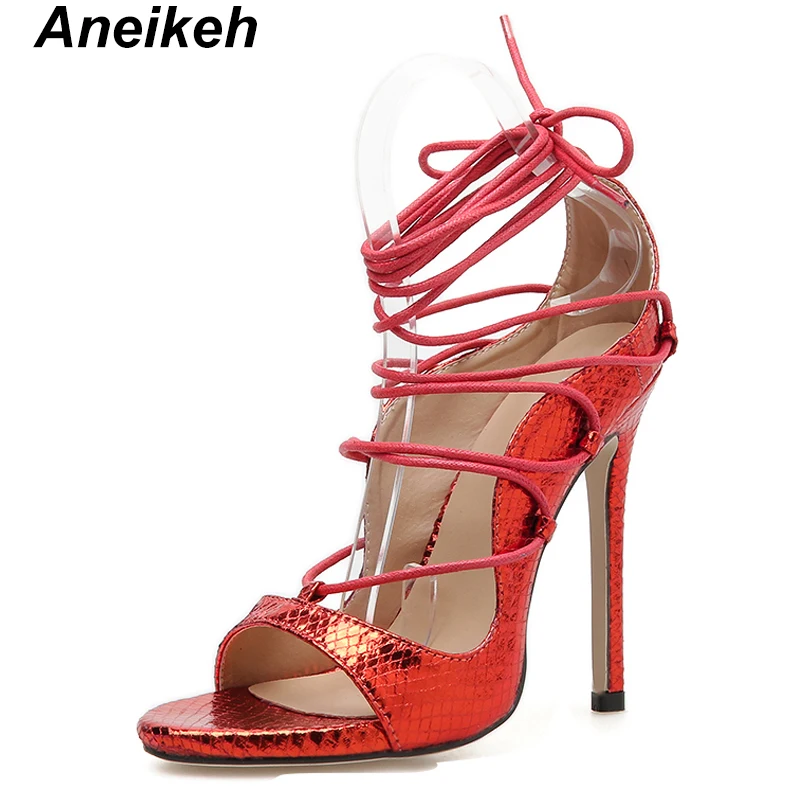 Aneikeh/ г. Однотонные босоножки из PU искусственной кожи для зрелых женщин женские свадебные вечерние туфли на высоком тонком каблуке со шнуровкой, с круглым носком, черного и красного цвета, размеры 35-40