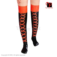 sexy latex thigh high black red glam rubber seamed stockings feet wear over knee foot hose gummi cross long xxxl plus wz 003