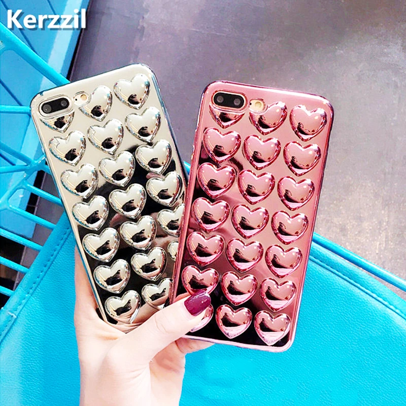 Kerzzil 3D Love Heart Plating Cases For iPhone 6 7 6S Plus Cover Metal Flash Soft TPU Cute Cartoon Back X 8 |
