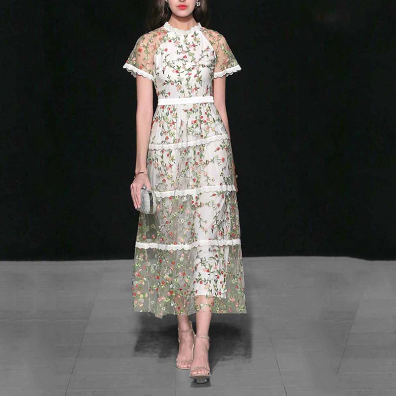 Летнее элегантное платье с вышивкой для женщин круглым вырезом коротким рукавом