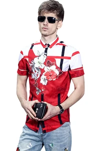 Мужская Повседневная рубашка Fanzhuan, красная облегающая блузка с коротким рукавом, с принтом, на лето, 713046