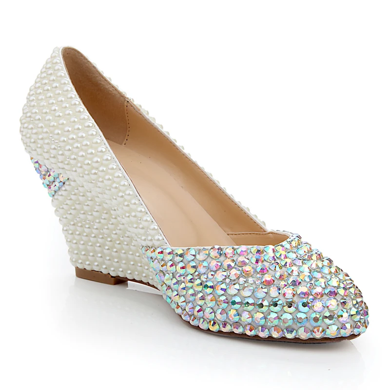 Новинка Модные туфли цвета слоновой кости с жемчугом свадебные на танкетке