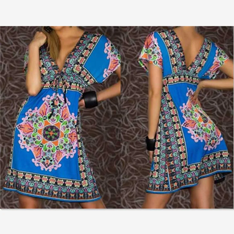 2016 Горячие Продажа Женщины Сексуальное Лето Цветочный Пляж Boho Макси Сарафан