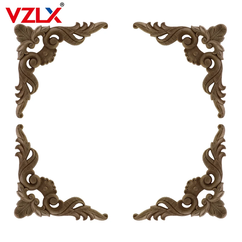 

VZLX 4pcs Rubber Wood Oak Carved Corner Onlay Applique Furniture Home Door Decor DIY Decoration Maison Figurine Miniature