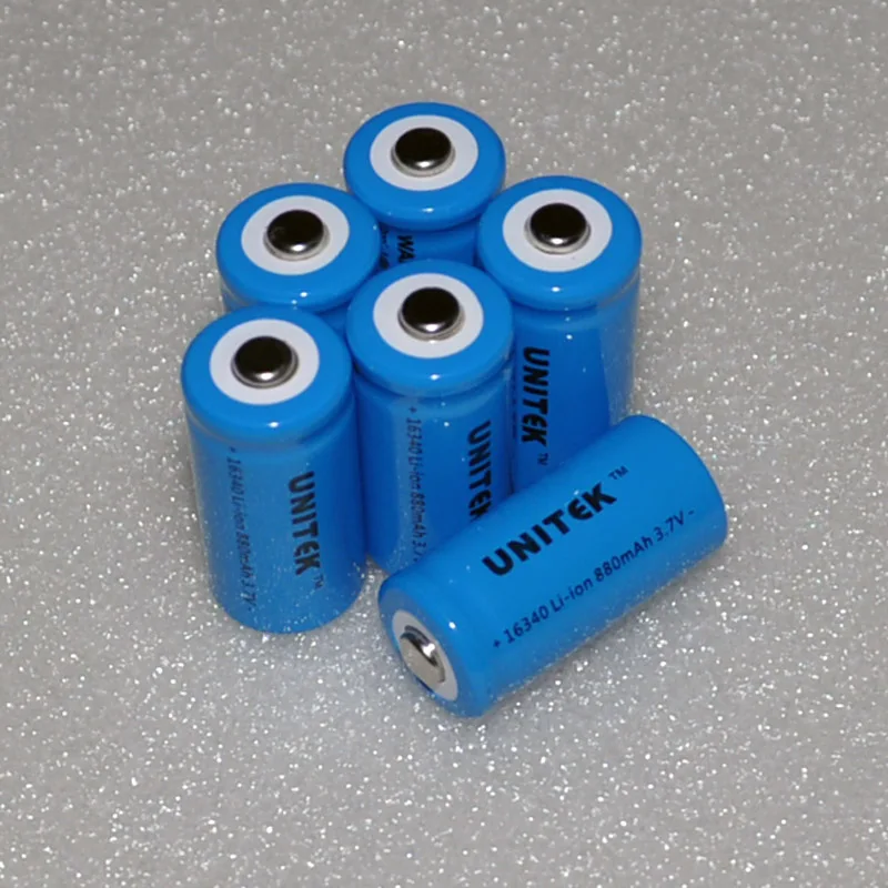 6pcs batteries 4-10 шт./лот 16340 UNITEK 3,7 в ICR литий-ионная батарея 880 мАч перезаряжаемая литий-ионная батарея CR123A CR 123 для лазерного фонарика - Цвет: 6pcs batteries