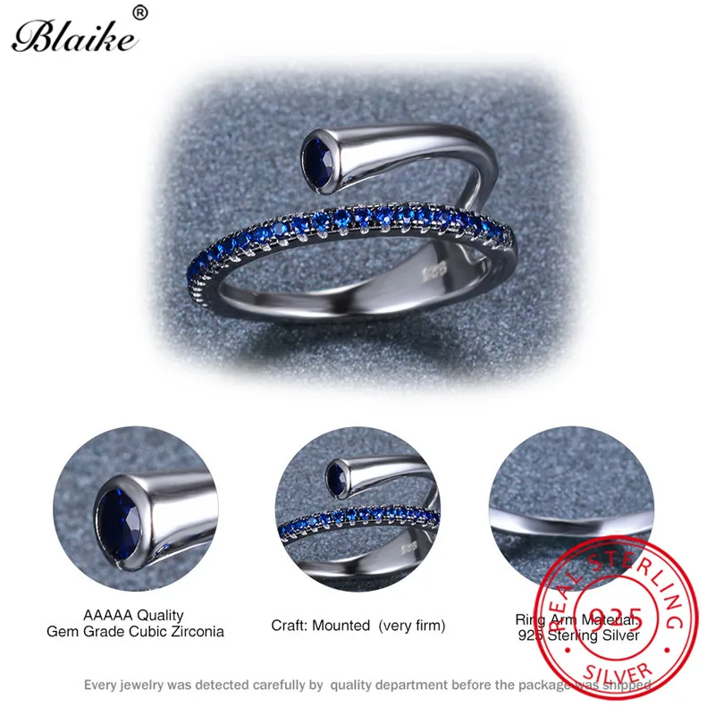 Blaike 925 пробы серебряные кольца для женщин Голубой Сапфир циркон камень Обручальные кольца минималистский обручальное кольцо ювелирные украшения