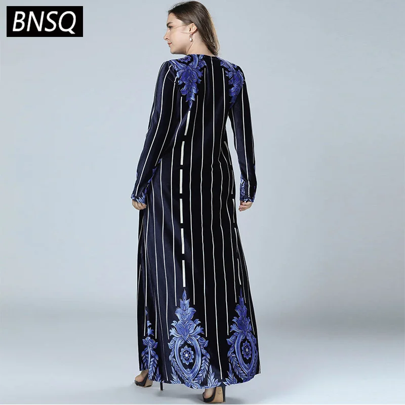 BNSQ Spring 2019 Stripe Patchwork Print Velet Dresses Navy Blue Long Sleeve Round Neck Maxi Dress Women Elegant Casual New | Женская