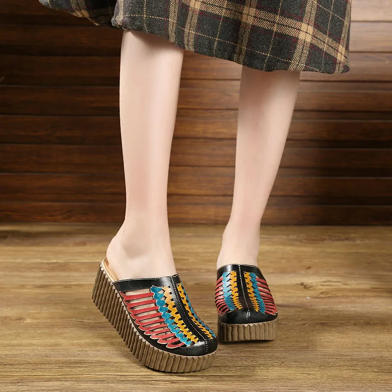 

2019 Summer Shoes Female Slippers Closed Toes Hollow Out Handmade Thick Heels Genuine Leather Women Platform Wedges Slides