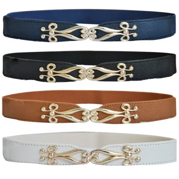 Женский тонкий эластичный пояс из кожи с цветами узкий золотой металлической