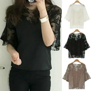 Blouse  Women Lady Summer Loose Casual Chiffon Trumpet Sleeve Lace Hollow Out 2018 Top Blouse