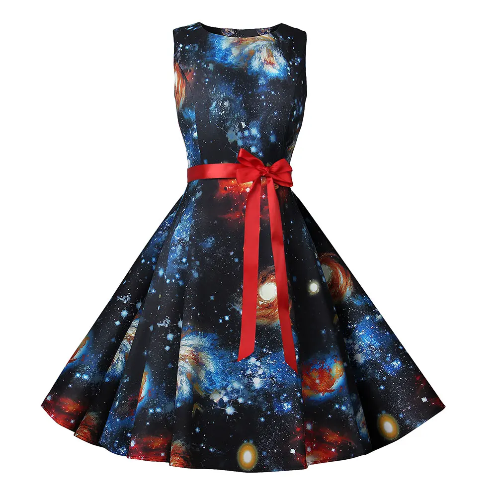 Summer Dress Women New Planet Print Vintage With Belt Sleeveless Elegant Lace Party Retro 50s 60s Country Dresses Sundress | Женская