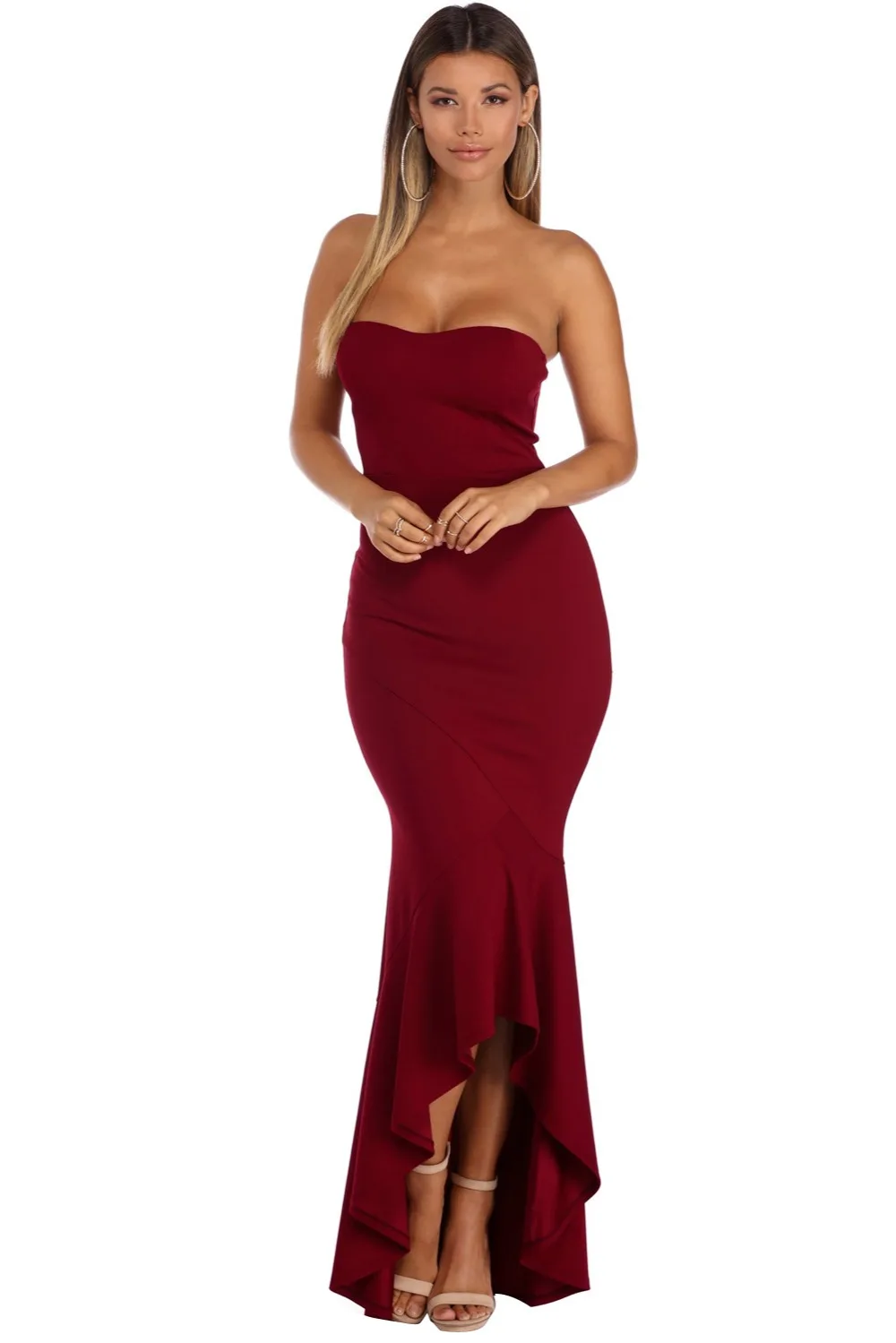 2018 New Arrival Summer Women's Fashion Burgundy Strapless High-low Hem Mermaid Dress LGY610443 | Женская одежда