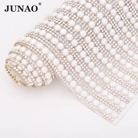 junao 24x40cm 6mm white pearl ribbon trim hot fix rhinestones mesh pearls beads fabric strass applique for dress diy crafts