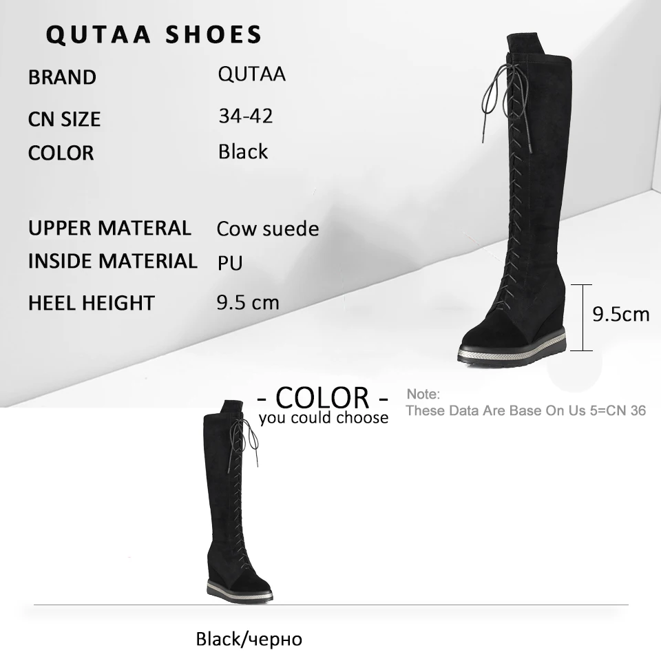 QUTAA/ г. Повседневные сапоги до колена на танкетке, на молнии, на платформе зимняя теплая женская обувь из коровьей замши, на меху, на шнуровке размер 34-42