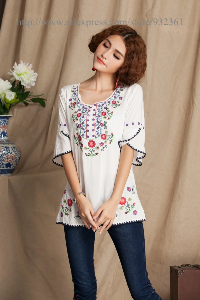 Vintage Mexican Floral Embroidery Women Blouses BOHO Blouse Shirt Summer tops 4 Color shirts blusa Blusas femininas | Женская одежда