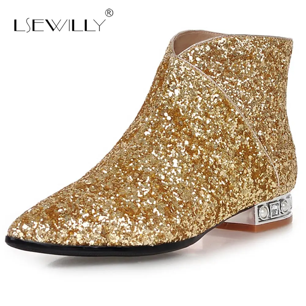 

Lsewilly Designers Brand Women Ankle Boots Heels Female Shoes Woman Pointed Toe Glitter Boots Casual Bling Black White S755