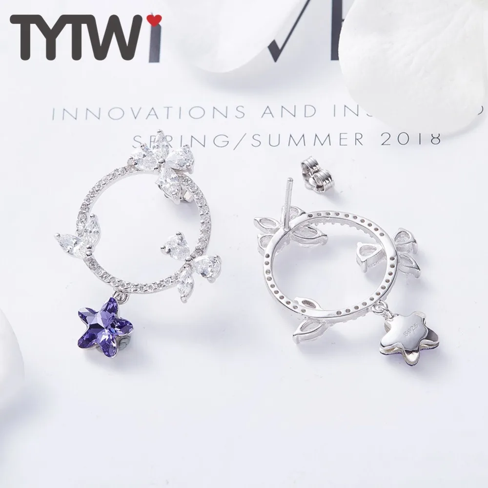 TYTW 925 Серебряные корейские серьги-гвоздики для девочек с кристаллами в виде