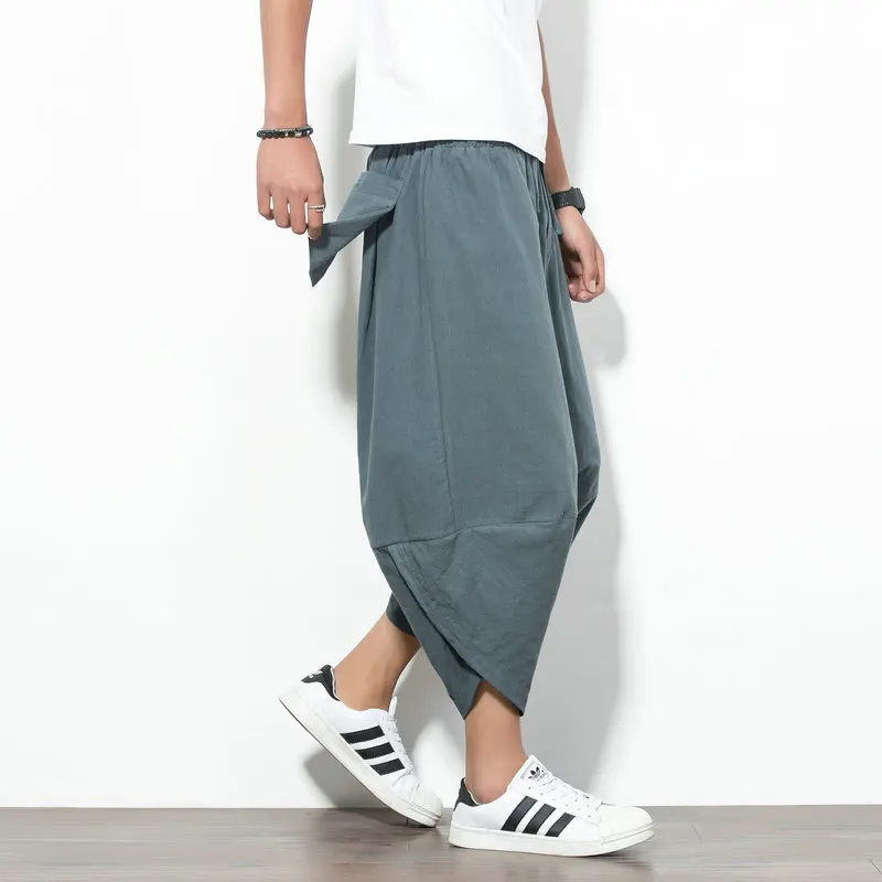 

M-5XL!!! 2018 Summer chinese style linen wide leg pants male loose harem pants plus size fluid casual ankle length trousers