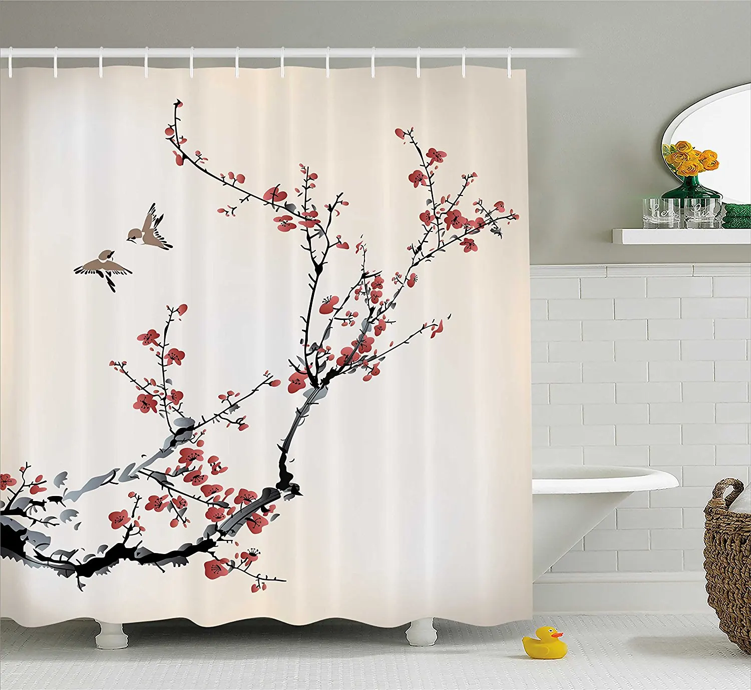 House Decor Shower Curtain Cherry Branches Flowers Buds and Birds Asian Style Artwork with Painting Effect Fabric Bathroom Set | Дом и сад