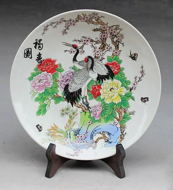 

Exquisite Chinese Handmade Archaistic Famille Rose Porcelain Plate Painted With Double Cranes and Flowers