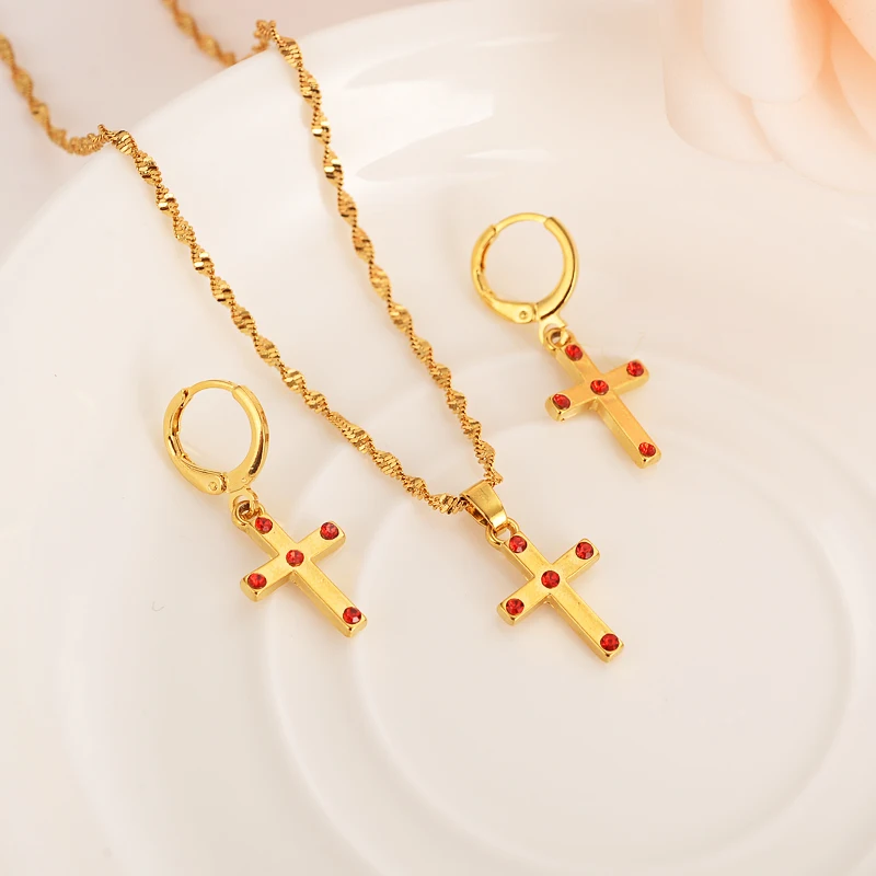 Маленький крест ожерелье и набор серег золотой цвет католический религиозный cz