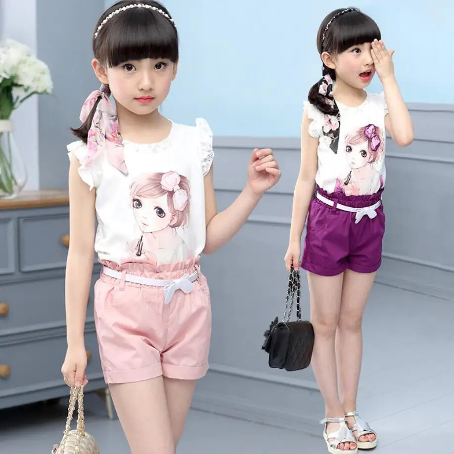 

Girls Suits 2019 New Summer Children Clothing Lace Sleeveless Print Vest+Shorts 2Pcs Set The princess Clothes
