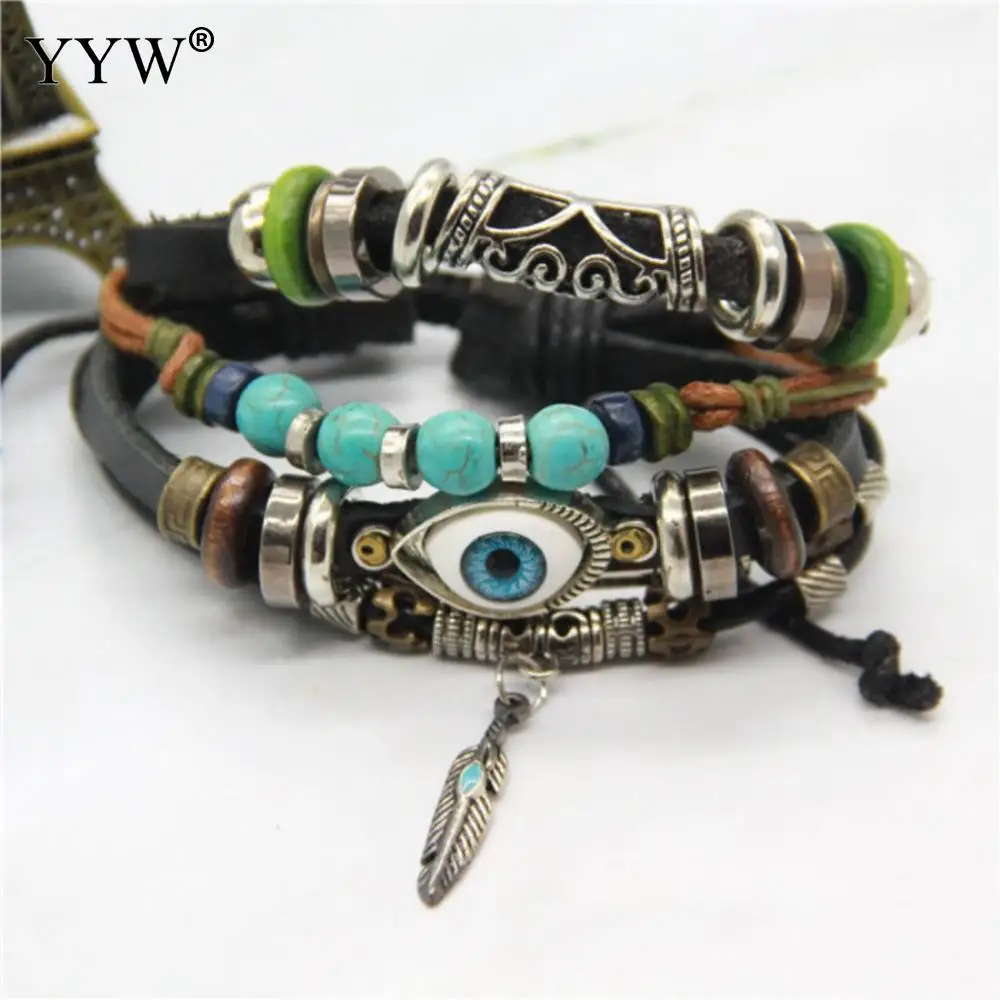 

2019 Boho Multilayer Leather Bracelet Tibet Stone Feather Evil Eye Charms Women Bracelets for Men Vintage Punk Wrap Wristband
