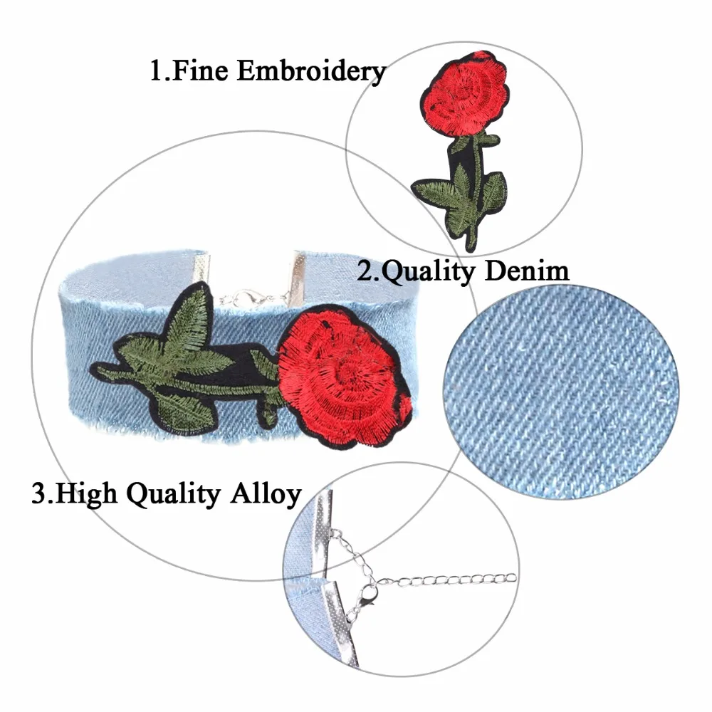 Новинка 2017 года колье чокер в стиле бохо светло голубого цвета с вышитыми розами